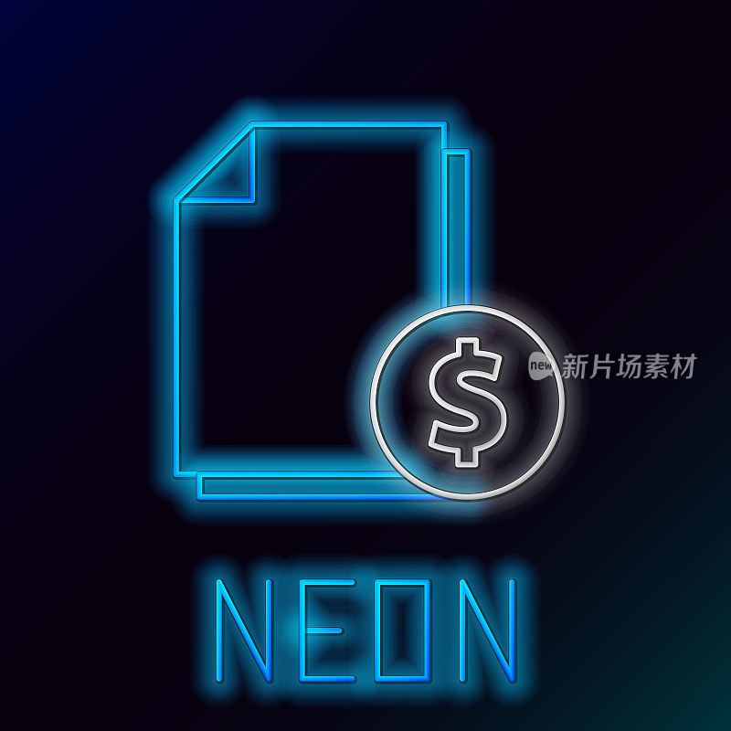 Glowing neon line Finance document icon isolated on black background. Paper bank document with dollar coin for invoice or bill concept. Colorful outline concept. Vector